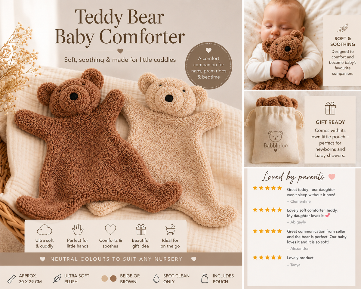 Baby Comforter & Sensory Grasp Toy | Soft Teddy Bear Lovey | BabbliBear™