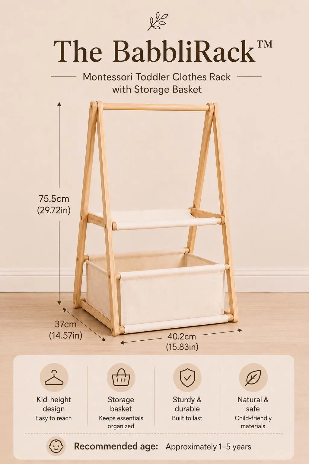 Montessori Clothing Rack with Storage | BabbliRack™ Wooden Toddler Wardrobe Rail