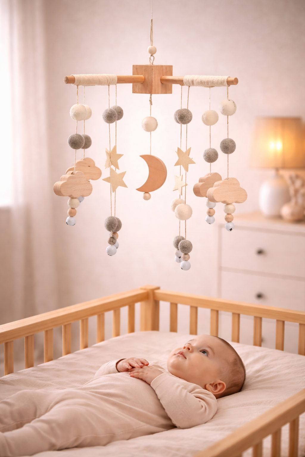 BabbliMobile™ – Moon & Star Baby Mobile with Music Box & Cloud Bracket