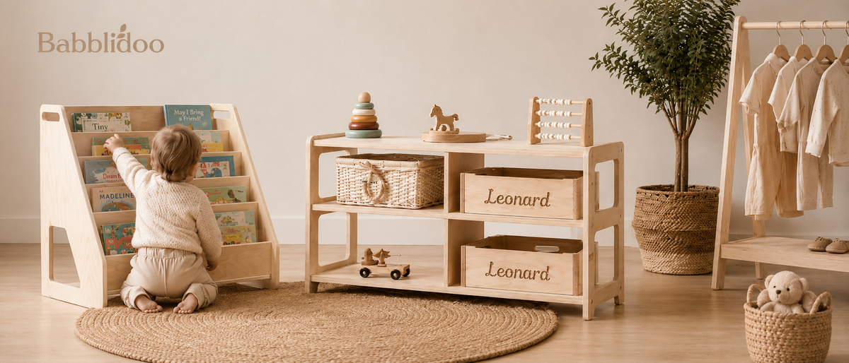 A baby sits on a woven rug next to a light wood bookshelf in a styled nursery setting. The room features a matching wooden storage unit with personalized names 'Leonard' on the drawers, a clothing rack, and a potted plant.