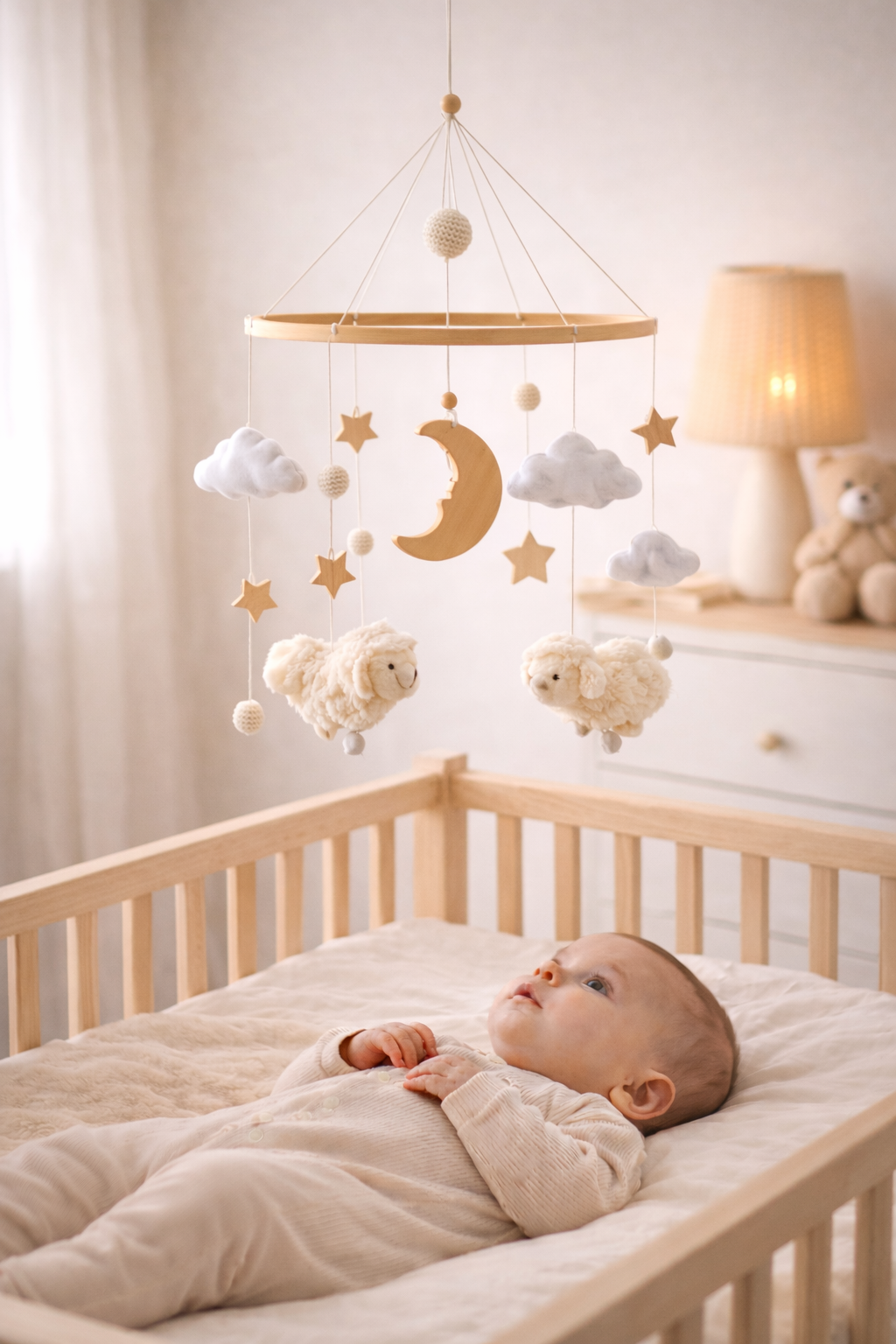 BabbliMobile™ – Wooden Sheep Baby Mobile with Music Box & Bracket