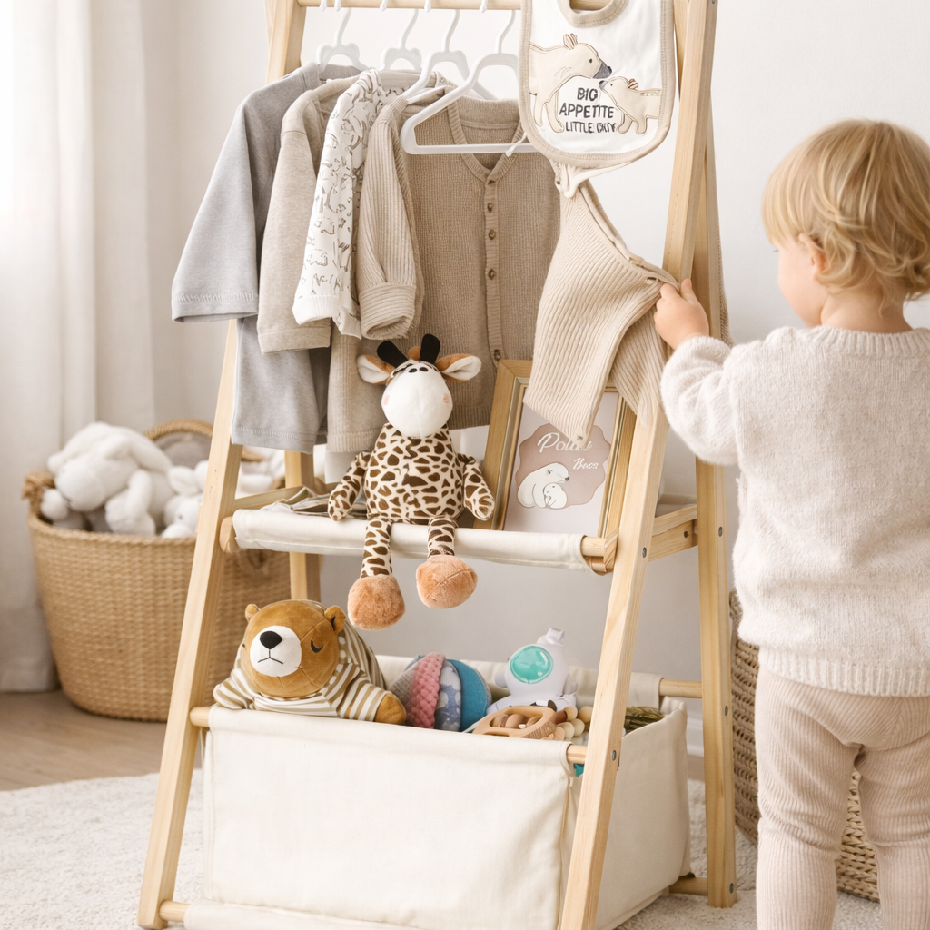 Montessori Clothing Rack with Storage | BabbliRack™ Wooden Toddler Wardrobe Rail