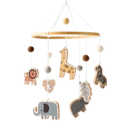 BabbliMobile™ – Wooden Safari Baby Mobile with Music Box & Cloud Bracket