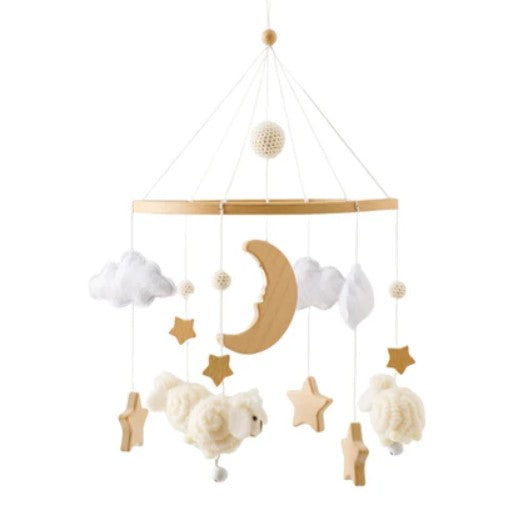 BabbliMobile™ – Wooden Sheep Baby Mobile with Music Box & Bracket