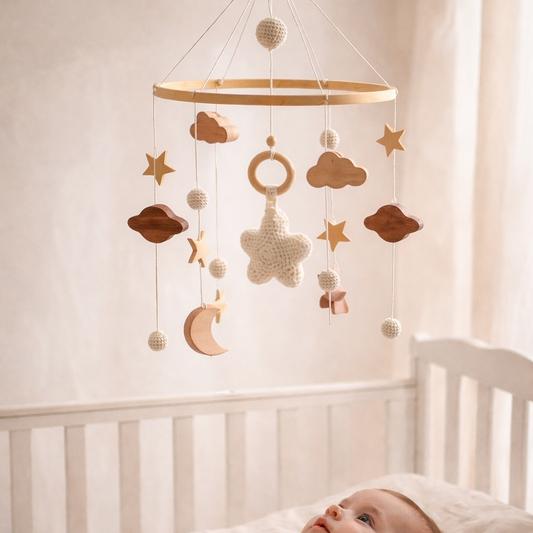 BabbliMobile™ – Moon & Star Baby Mobile with Music Box & Cloud Bracket