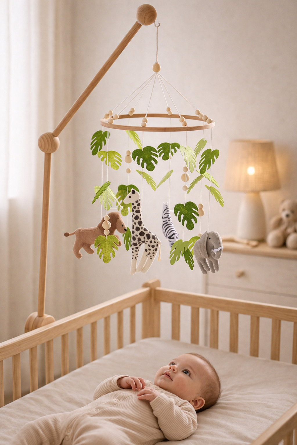 BabbliMobile™ – Wooden Safari Baby Mobile with Music Box & Cloud Bracket