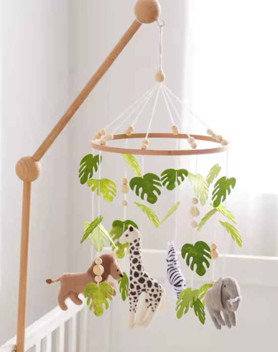 BabbliMobile™ – Wooden Safari Baby Mobile with Music Box & Cloud Bracket