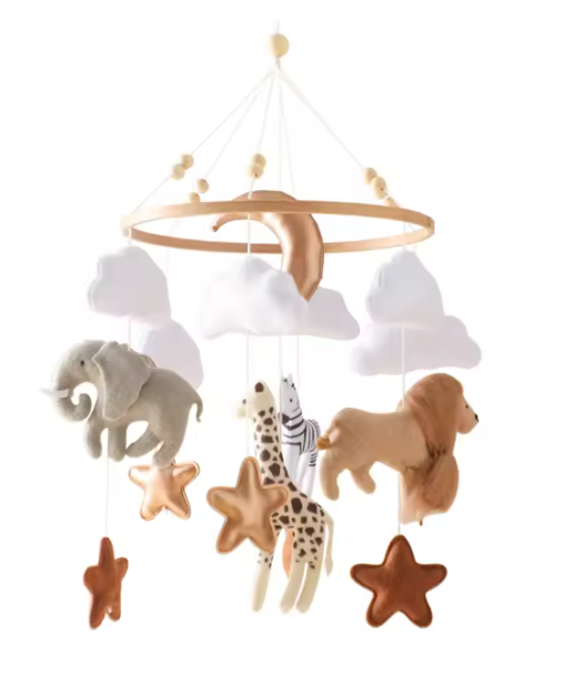 BabbliMobile™ – Wooden Safari Baby Mobile with Music Box & Cloud Bracket