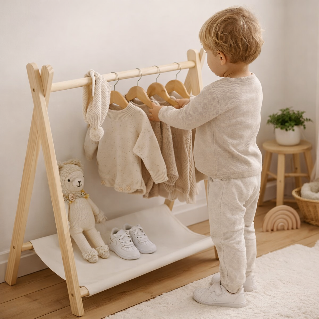 Montessori Clothing Rack | BabbliRack™ Wooden Toddler Wardrobe Rail