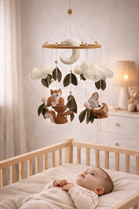 BabbliMobile™ – Woodland Animals Baby Mobile with Music Box & Cloud Bracket