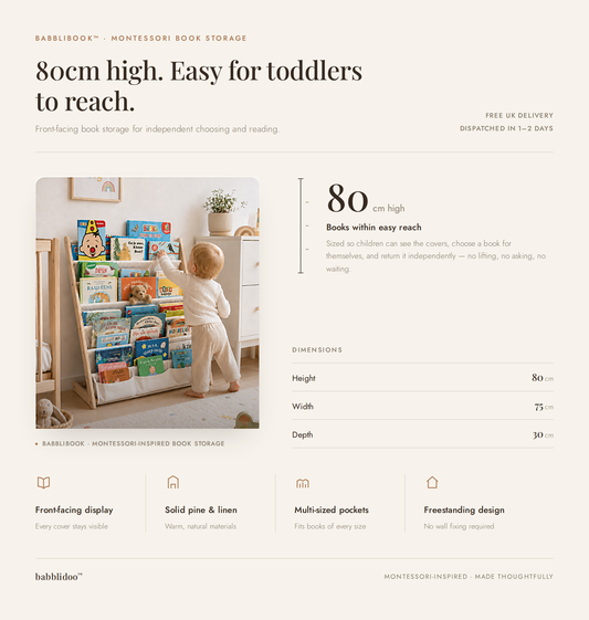 Montessori Bookshelf | BabbliBook™ Front-Facing Wooden Book Rack for Babies, Toddlers & Young Children