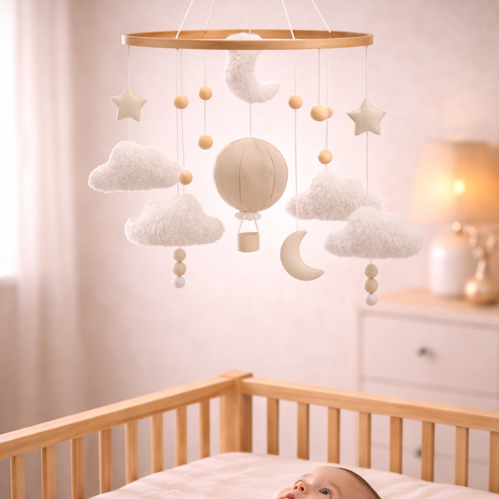 BabbliMobile™ – Hot Air Balloon Baby Mobile with Music Box & Cloud Bracket