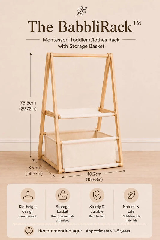 Montessori Clothing Rack with Storage | BabbliRack™ Wooden Toddler Wardrobe Rail
