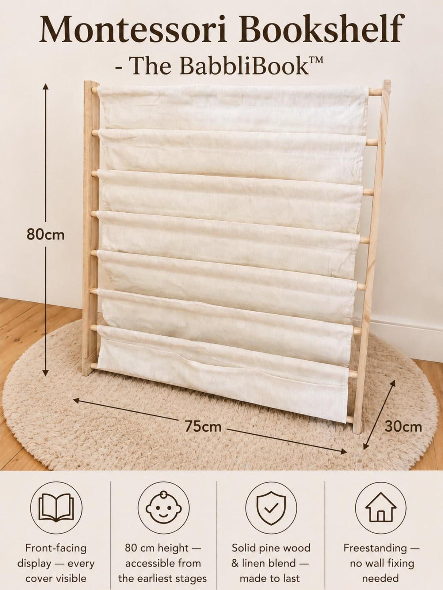 Montessori Bookshelf | BabbliBook™ Front-Facing Wooden Book Rack for Babies, Toddlers & Young Children
